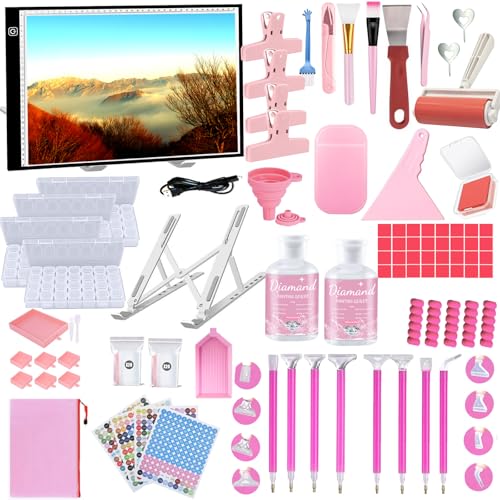 NLXCXUCY 244Pcs Diamond Art Accessories Kit All-Inclusive Diamond Painting Tool Set with A3 Diamond Painting Light Pad,Diamond Art Sealer Glue, Diamond Correction Pens, Storage Box for DIY Craft - color: Pink, size: A3