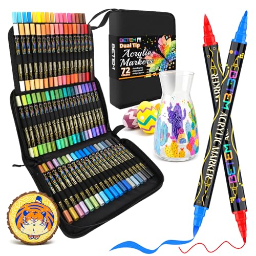 Betem Dual Tip Acrylic Paint Pens, 72 Colors Paint Markers for Glass, Window, Fabric, Wood, Rock, Canvas, Acrylic Markers with Fine & Brush Tip, Art & Craft Supplies, Teacher Appreciation Gift - color: 72 Colors