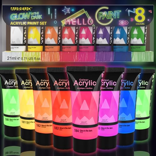 AUREUO Glow in the Dark Acrylic Paint - 8 Colors x 0.71 Fl Oz / 21ml Neon UV Black Light Paints for Rocks, Wood, Craft, Canvas, Paint Party Supplies - color: 8 Glow Colors, size: 0.71 Fl Oz (Pack of 8)