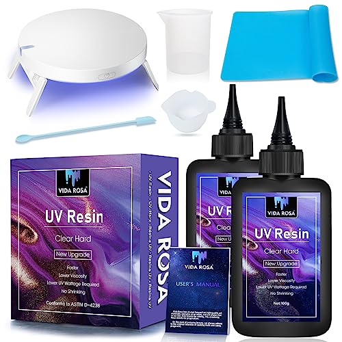 VIDA ROSA 200g UV Resin Kit with Upgraded UV Light 24W,Silicone Stir Rod, Measuring Cup and Silicone Pad-Ultraviolet Epoxy Resin Hard,UV Resin Starter Jewelry Making Kit for Craft Beginner - size: 200g UV Resin kit
