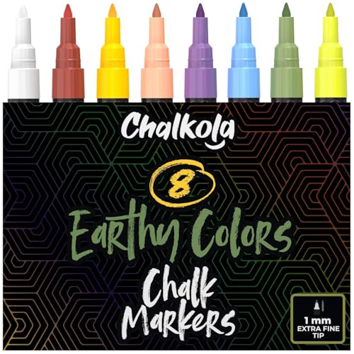 Chalkola Liquid Chalk Markers (8 Pack, 1mm Extra Fine Tip) for Chalkboard Signs, Blackboard, Window, Calendar, Bistro, Glass, Car | Washable Pastel Liquid Chalk Pens - Erasable Ink Chalkboard Markers - size: Extra Fine Tip - 1mm