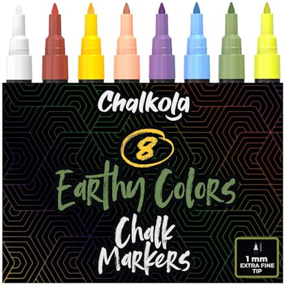 Chalkola Liquid Chalk Markers (8 Pack, 1mm Extra Fine Tip) for Chalkboard Signs, Blackboard, Window, Calendar, Bistro, Glass, Car | Washable Pastel Liquid Chalk Pens - Erasable Ink Chalkboard Markers - size: Extra Fine Tip - 1mm