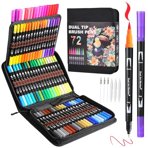 TOSHARE 72 Colors Brush & Fine Dual Tip Watercolor Markers for Adult Coloring Books No Bleeding Paint Pens For Drawing Note Taking Planner Calligraphy Journaling Card Making Back-to-School Supplies