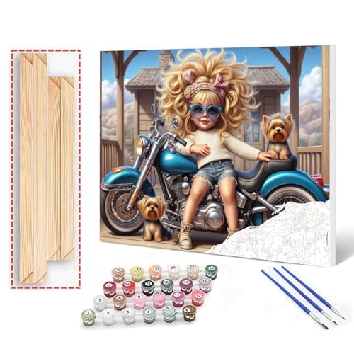 Tucocoo Fashion Girl Paint by Numbers Kits for Adults Girl and Yorkshire Terrier on Motorcycle Paint by Number Colorful DIY Acrylic Painting Canvas Art Set Home Decor Gift 16x20 Inch (DIY Frame) - color: Artwork-21, size: 16''x20''(DIY Frame)