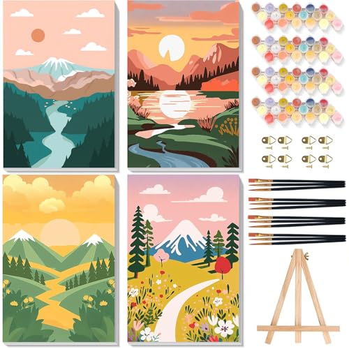 xackcme 4 Pack Paint by Numbers for Adults with Framed Canvas - with Wooden Easel, Landscape Paint by Number for Beginners, Easy Acrylic Oil Painting Kits with Brushes for Home Wall Decor (8x12 inch) - color: BKH2198+BKH2199+BKH2200+BKH2201
