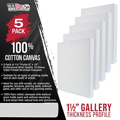 U.S. Art Supply Medium Stretched Canvas for Painting 8x10 inch Gallery Depth 1-1/2" Thick, 5-Pack - 12oz Acrylic Gesso Triple Primed, Professional Artist Quality, 100% Cotton - Oil, Pouring Paint - size: 8" x 10"