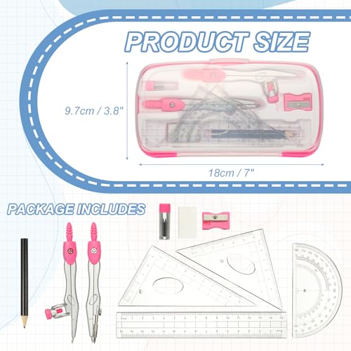 PATIKIL Geometry Precision Tool Set, 11 Pcs Geometry Set Compass Tool with Shatterproof Storage Box Rulers Math Compass Kit for Math Drafting Supplies, Rose Red(Style 1) - color: Rose Red