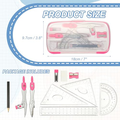 PATIKIL Geometry Precision Tool Set, 11 Pcs Geometry Set Compass Tool with Shatterproof Storage Box Rulers Math Compass Kit for Math Drafting Supplies, Rose Red(Style 1) - color: Rose Red