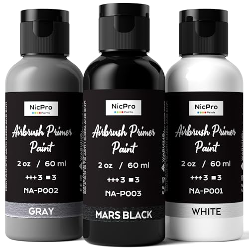 Nicpro Black, Gray, White Surface Primer Airbrush Paint (2oz, 60 ml), Matte Finish, Ready To Spray Air Brush Acrylic Primer Paints for Beginners & Artists Priming Plastic Models, Miniature, Figures - color: 3 Colors, size: 2 Fl Oz (Pack of 3)