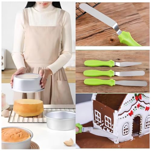 Cake Cream Spatulas, 3 Pieces of Cake Angled Spatula with Stainless Steel, Professional Cake Decorating, Pastry & Baking, Icing Frosting Cream Chocolate Cake Spatula (3 Pcs Green) - color: 3 Pcs Green