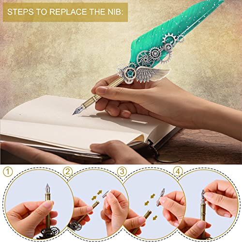 NC Quill Pen Ink Set, Feather Pen Includes 5 Bottles Ink and 6 Replaceable Stainless Steel Nibs, Mechanical Quill Calligraphy Pen for Writing, Letters, Invitations (Green) - color: Green