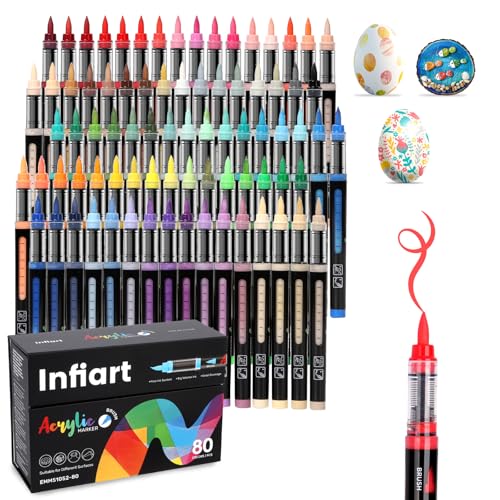 80 Colors Acrylic Paint Markers Brush Tip, Automatic Ink Control Acrylic Paint Pens Waterproof Acrylic Markers Set for Holiday Decorations, Stone, Wood, Glass, DIY & Art Supplies