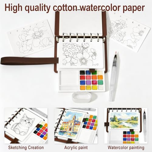 Travel Watercolor Set, 16 Colors Standard (8 Matte & 8 Shimmer), Pocket Paint Set with 30-Sheet 300G Cotton Sketchbook, Detachable Palette, Water Cup & Water Brush, Brown - color: Brown