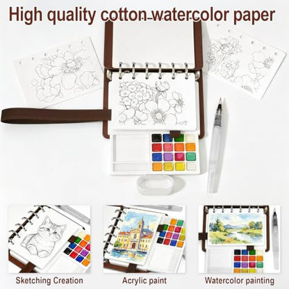 Travel Watercolor Set, 16 Colors Standard (8 Matte & 8 Shimmer), Pocket Paint Set with 30-Sheet 300G Cotton Sketchbook, Detachable Palette, Water Cup & Water Brush, Brown - color: Brown