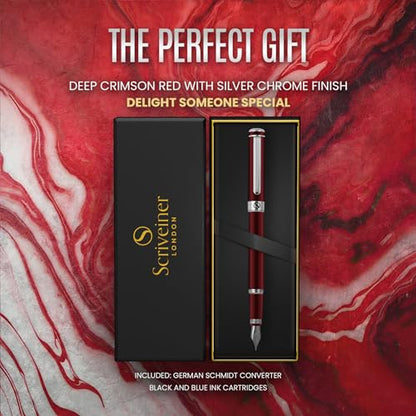 Scriveiner Deep Crimson Red Fountain Pen - Stunning Luxury Pen with Chrome Finish, Schmidt Nib (Fine), Best Pen Gift Set for Men & Women, Professional, Executive, Office, Nice Pens - color: 12. Crimson Red with Chrome, style: Fine Nib