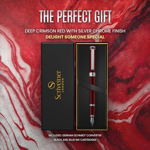 Scriveiner Deep Crimson Red Fountain Pen - Stunning Luxury Pen with Chrome Finish, Schmidt Nib (Medium), Best Pen Gift Set for Men & Women, Professional, Executive, Office, Nice Pens - color: 12. Crimson Red with Chrome, style: Medium Nib