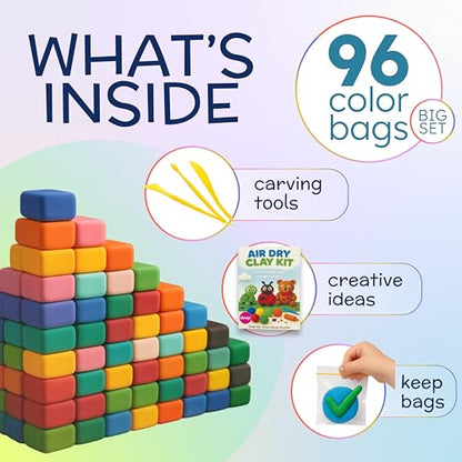 Air Dry Clay Kit 96 Colors for Kids, Lightweight and Non-Sticky Modeling Clay with Sculpting Tools and Storage Bags, DIY Arts and Crafts Gift for Boys and Girls Ages 3+
