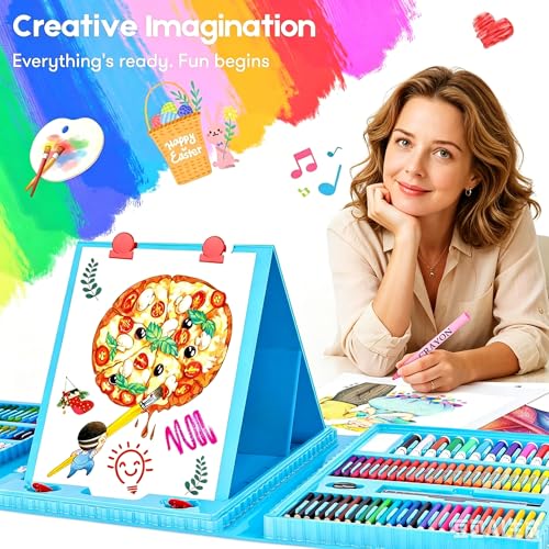 iBayam Art Case Coloring Set - (251ct), Art Kit for Him & Her, Art Supplies Set, Gifts with Trifold Easel, Scratch Paper, Sketching/Coloring Book, Crayons Pencils - color: Blue