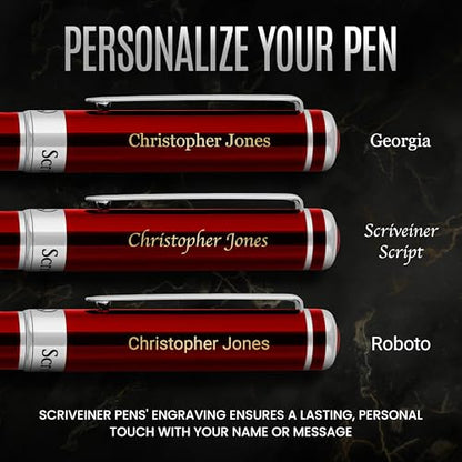 Scriveiner Personalized Deep Crimson Red Ballpoint Pen - Stunning Red Lacquer Luxury Pen with Chrome Finish, Schmidt Ink Refill, Engraved Ball Point Gift Set for Men & Women, Custom Engraving - color: 9. Crimson Red with Chrome (Personalized)