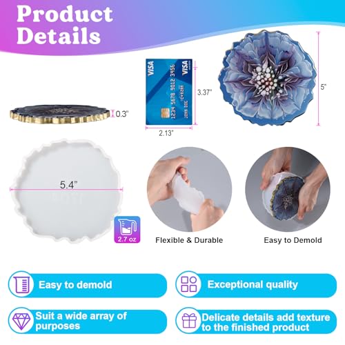 LET'S RESIN 4Pcs Resin Coaster Molds, Druzy Geode Agate Silicone Coaster Molds for Epoxy Resin, 5Inches Large Mould for DIY Art Craft Cup Mats, Durable and Flexible Moulds - size: 4 cavity