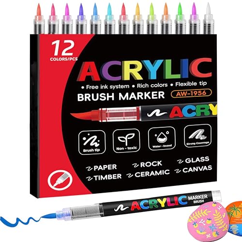 12 Colors Permanent Acrylic Paint Markers - Brush Tip Pens set for Rocks Wood Glass Ceramics Fabric Paint for Coloring,Painting,DIY Drawing for Adults - color: 12 Colors