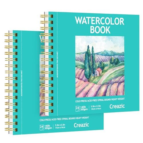 Creazic 2-Pack 5.5"x5.5" Square Watercolor Sketchbook (140lb/300gsm) | Premium Artist Paper, Spiral Bound & Microperforated | Travel Pad for Watercolor, Hand Lettering, Sketches, Adults & Beginners - color: Teal, size: 5.5" x 5.5" Spiral Bound (pack of 2)