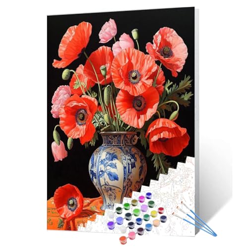 Tucocoo Red Poppys DIY Paint by Numbers for Adults Red Flowers in Vase DIY Oil Painting Kits Canvas with Acrylic Paint Floral Plant Art 16x20 Inch （Without Frame ） - color: Red Flower in Vase 07, size: 16''x20''(Frameless)