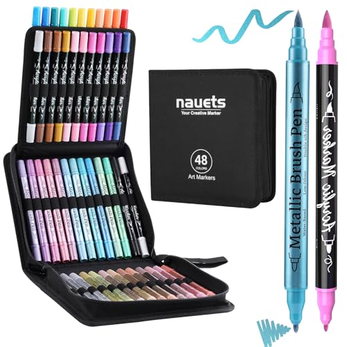 nauets 48 Pack Metallic & Acrylic Paint Markers Set - 24 Colors Acrylic + 24 Metallic Markers, Dual Tip Paint Pens with Brush/Fine Tip for Paper, Rock, Wood, Canvas, Glass, Ceramic DIY Crafts - style: Metallic 24 + Acrylic 24
