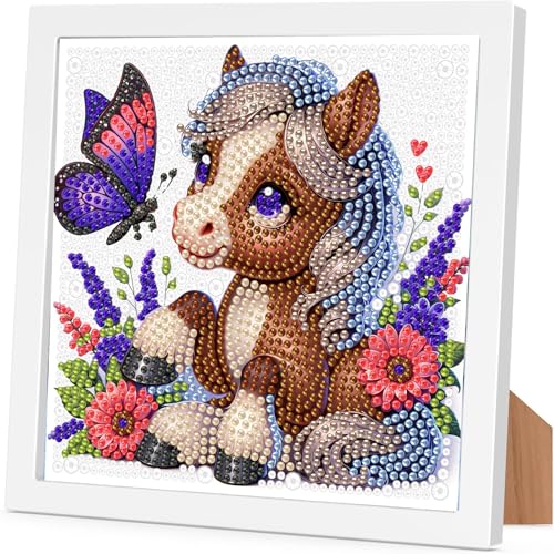 Horse Diamond Art Painting Kits for Kids with Frame, Animal Diamond Art for Kids Ages 4-8-12 with Frame, Easy Small Cute Gem Painting Kit for Gift Home Wall Decoration (7x7 inch) - color: CC1056-US