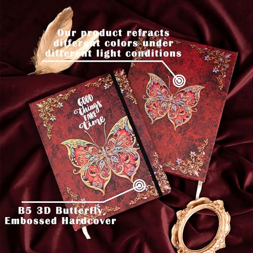 B5 Hardcover Journal for Women & Men -Butterfly Aesthetic Lined Notebook | 192 Pages Thick 80gsm Paper Writing Journal for Office, School, Travel Notes & Gift-9" x 6.9 - color: Red