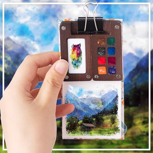 Qilery Mini Portable Watercolor Palette Set Wooden Grid Paint Box Watercolor Paper Sketch Book Brush Pens with Binder Clip for Painters Artist Not Include Paint(Blue Flowers) - style: Blue Flowers