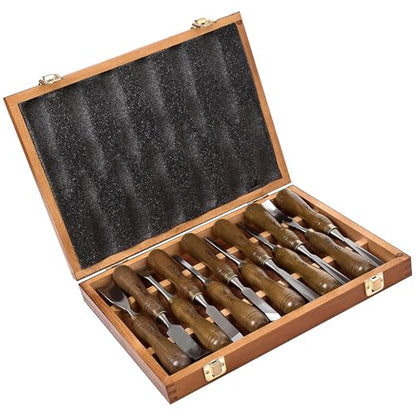 12-Pieces Woodworking Wood Carving Tools Chisel Set with Wooden Box, Razor Sharp CR-V 60 Steel Blades - size: 12-Pieces Carving Chisel