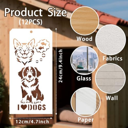 12 Sheets Pet Theam Stencils for Painting, 25 Styles Dog Cat Dog Bone Drawing Templates Cute Animal Reusable Border Stencil for Painting on Wall Wood Home Decor - style: Pet