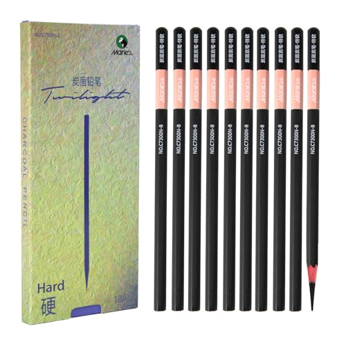Marie's Charcoal Pencils for Drawing, 10 Pieces, Extra Hard Hard Medium Soft Extra Soft, Sketching Pencils for Artists, Smooth Charcoal Core for Layering, Blending and Detailed Artwork(Hard) - style: Hard (10pcs)