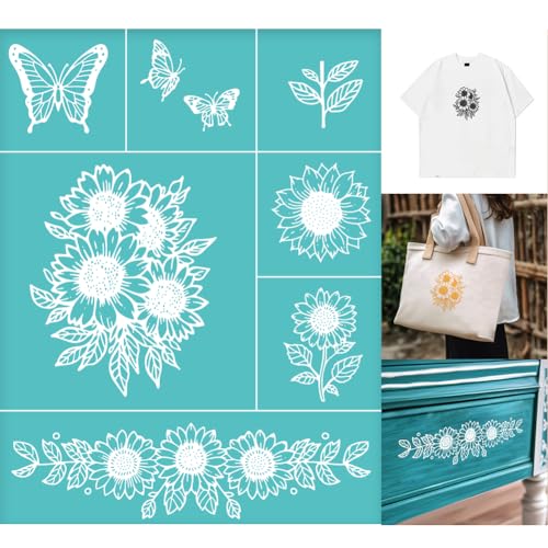 2 Sheets Sunflower Silkscreen Stencil, Flower Butterfly Painting Stencils Templates Reusable Self-Adhesive Silk Screen Printing for Wall Border Wood Fabric Home Craft Decor - style: Sunflower