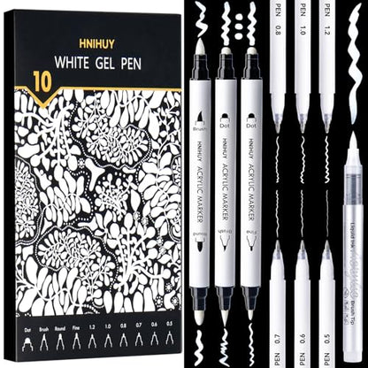 White Acrylic Ink Pens for Drawing, Fine Point White Gel Pens, Fine, Round & Brush Tip Opaque Acrylic Markers for Black Paper Drawing, Sketching, Illustration, Card Making, Set of 10 - size: 10