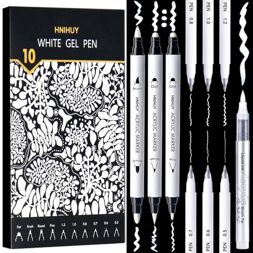 White Acrylic Ink Pens for Drawing, Fine Point White Gel Pens, Fine, Round & Brush Tip Opaque Acrylic Markers for Black Paper Drawing, Sketching, Illustration, Card Making, Set of 10 - size: 10