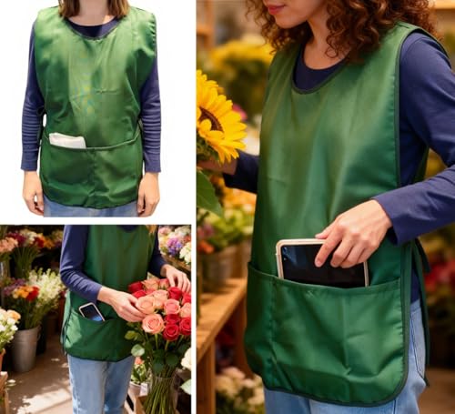 Large Smock Cobbler Apron for Men & Women, Adjustable Side Ties & 2 Pockets - color: Wine Red+green