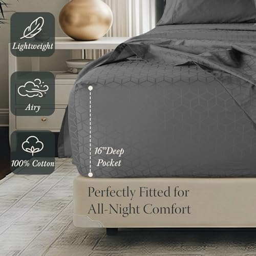 Threadmill Egyptian Cotton Sheets for King Size Bed | 100% Certified Egyptian Cotton King Bed Sheets Set | Snug Fit Elastic Deep Pocket King Sheets Soft, Breathable Damask Jacquard | Dark Grey - color: Dark Grey Cadence, size: King