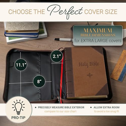 Christian Art Gifts Classic Premium Vegan Leather Inspirational Bible Cover for Men & Women: Names of Jesus, Encouraging Heat-Debossed Scripture, Sturdy Carry Case, Pen Loops, Pockets, Brown, XL - size: Extra Large