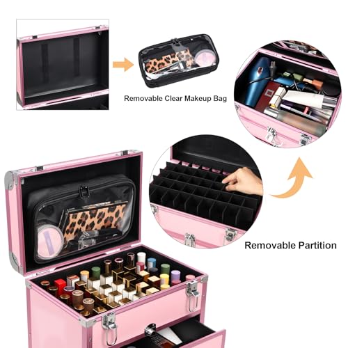 3 in 1 Rolling Makeup Case, Professional Cosmetology Case on Wheels, Detachable Clear Makeup Bag & Nail Polish Organizer, Portable Makeup Trolley with Drawers for Makeup Artists & Nail Technicians - color: Pink