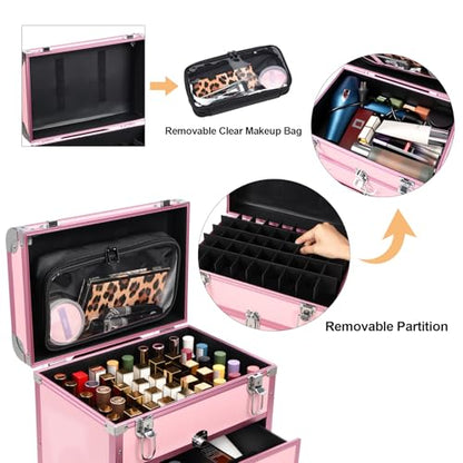 3 in 1 Rolling Makeup Case, Professional Cosmetology Case on Wheels, Detachable Clear Makeup Bag & Nail Polish Organizer, Portable Makeup Trolley with Drawers for Makeup Artists & Nail Technicians - color: Pink