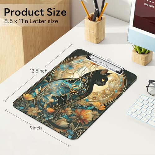 Plastic Cute Clipboard Low-Profile Metal Clip, A4 Letter Size 9 x 12.5 in, 8.5 x 11 Paper Clip Board for Teachers, Nurses, Classroom,Flowered Glass Cat - color: Flowered Glass Cat
