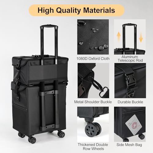 BEAUTY CASE 2 in 1 Rolling Makeup Case, Cosmetology Case on Wheels, Large Capacity Professional Makeup Bag with 8 Detachable Drawers for Makeup Artist & Hairstylist, Waterproof Oxford Fabric, Black