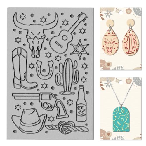CHGCRAFT Cowboy Elements Clay Texture Mat Western Horseshoe Patterns Polymer Texture Sheets DIY Tools for Clay Pottery Earring Jewelry Making Stamp Engraving Machines, 3.9x2.6inch - style: Cowboy