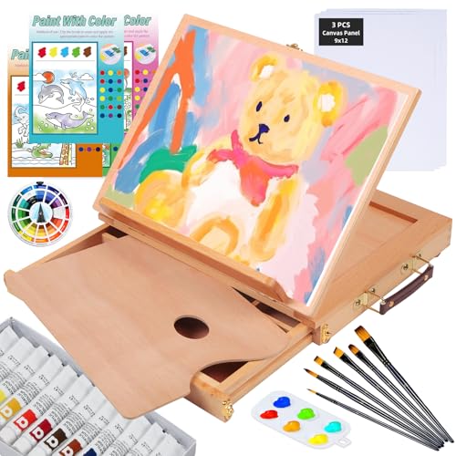 Falling in Art 29 Pcs Acrylic Paint Set with Tabletop Easel, Painting Kit with 12 Acrylic Paints Set, Canvas Panels, Brushes, Wooden Palette for Kids, Adults, Beginners, Professionals, Christmas