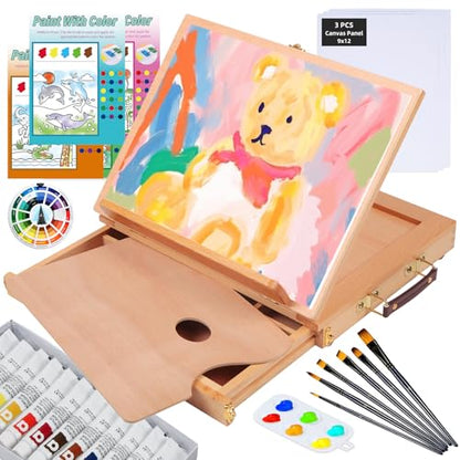 Falling in Art 29 Pcs Acrylic Paint Set with Tabletop Easel, Painting Kit with 12 Acrylic Paints Set, Canvas Panels, Brushes, Wooden Palette for Kids, Adults, Beginners, Professionals, Christmas