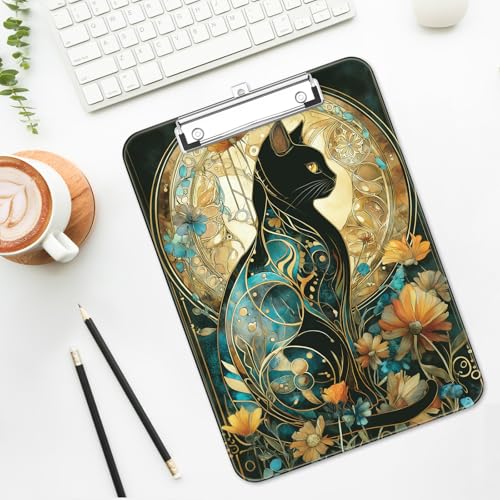 Plastic Cute Clipboard Low-Profile Metal Clip, A4 Letter Size 9 x 12.5 in, 8.5 x 11 Paper Clip Board for Teachers, Nurses, Classroom,Flowered Glass Cat - color: Flowered Glass Cat