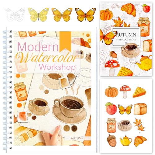 Watercolor Workbook with Step-by-Step - 12 Watercolor Coloring Pages - 100% Cotton 300gsm/140lb Watercolor Paper - Gift for Women, Adults, Beginners (Autumn) - style: Autumn