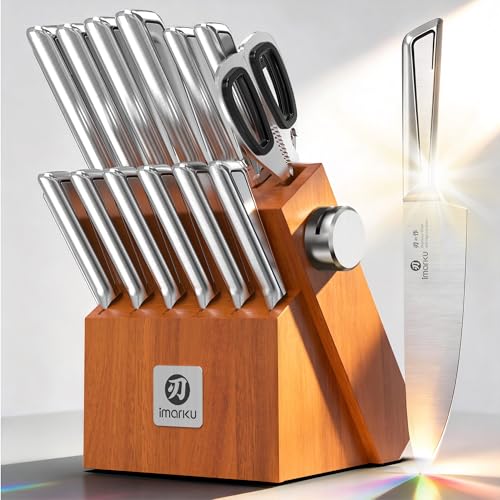 imarku High Carbon Stainless Steel Gyutou Knife Set with Block, Precision-Forged Razor Sharp 10–15° Edge, Ergonomic Non-Slip Handle, Built-in Sharpener, Brown, Best Gift Choice, Cooking Enthusiasts - color: Silver/Brown